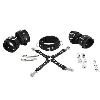 Black Leather & Steel Restraint Set - Wrist & Ankle Cuffs, Collar, Cross Connector, Snap Hooks & Silver Padlocks