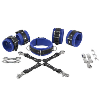 Deep Blue Leather & Steel Restraint Set - Wrist & Ankle Cuffs, Collar, Cross Connector, Snap Hooks & Steel Padlocks