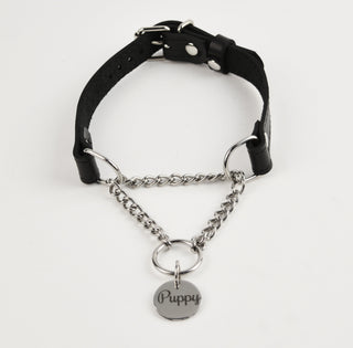 Black Custom Engraved Leather Martingale Day Collar - Silver Round Pendant