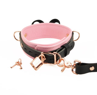 Premium Blush Pink Leather BDSM Bow Collar with Love Heart Lock Pendant