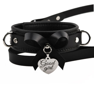 Black Premium Leather BDSM Bow Collar & Leash with Custom Engraved Silver Love Heart Pendant