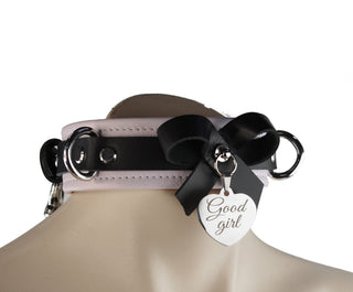 Premium Lavender Leather Bow Premium BDSM Collar & Leash with Custom Engraved Silver Pendant