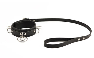 Black Premium Leather Athena Collar & Leash with Steel Spikes and Dual O-Rings