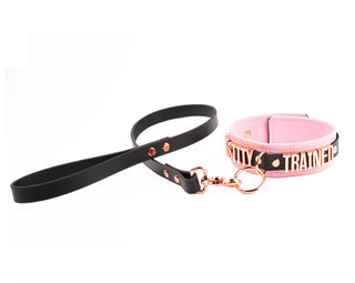 Blush Pink Leather Custom Rose Gold Lettering Bondage O-Ring Collar & Leash - 'Chastity Trained'