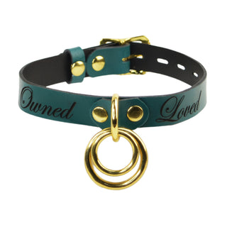 Custom Engraved Leather Dual Ring Collar Emerald Green with Gold Rose Gold or Silver Hardware