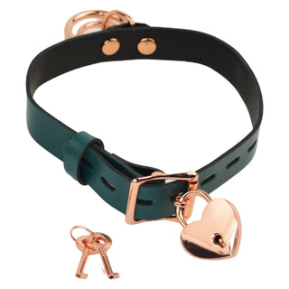 Custom Engraved Leather Dual Ring Collar Emerald Green with Gold Rose Gold or Silver Hardware