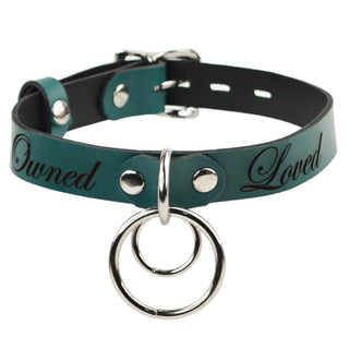 Custom Engraved Leather Dual Ring Collar Emerald Green with Gold Rose Gold or Silver Hardware