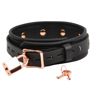 Premium BDSM Black Leather Bow Collar With Custom Engraved Rose Gold Pendant and Leash