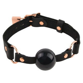 Black Leather & Rose Gold Premium Single Strap Ball Gag - Black Ball