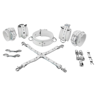 Premium Restraint Set Beautiful Triple Layer Leather Wrist-Ankle Cuffs And Collar - White
