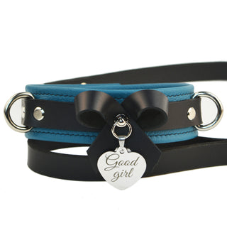 Premium Jade Empress Leather BDSM Bow Collar with Custom Engraved Silver Pendant