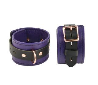 Premium Purple Leather & Rose Gold Restraint Set - Wrist, Ankle & Thigh Cuffs, Collar, Cross Connector, Snap Hooks & Rose Gold Padlocks