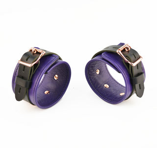 Premium Purple Leather & Rose Gold Restraint Set - Wrist, Ankle & Thigh Cuffs, Collar, Cross Connector, Snap Hooks & Rose Gold Padlocks