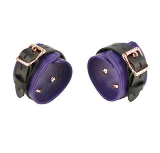 Premium Purple Leather & Rose Gold Restraint Set - Wrist, Ankle & Thigh Cuffs, Collar, Cross Connector, Snap Hooks & Rose Gold Padlocks