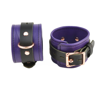 Premium Purple Leather & Rose Gold Restraint Set - Wrist, Ankle & Thigh Cuffs, Collar, Cross Connector, Snap Hooks & Rose Gold Padlocks