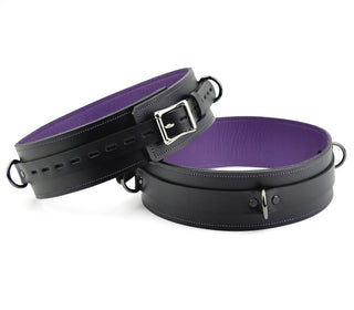 Premium Padded Restraint Set Wrist-Ankle-Thigh Cuffs And Collar - Black And Purple