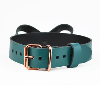 Emerald Leather Collar With Bow & Rose Gold Kitten Bell
