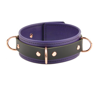 Premium Purple Leather & Rose Gold Restraint Set - Wrist, Ankle & Thigh Cuffs, Collar, Cross Connector, Snap Hooks & Rose Gold Padlocks