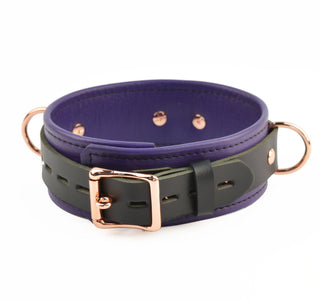 Premium Purple Leather & Rose Gold Restraint Set - Wrist, Ankle & Thigh Cuffs, Collar, Cross Connector, Snap Hooks & Rose Gold Padlocks
