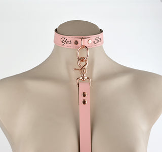 Custom Engraved Blush Pink Leather Collar with D-Ring & Leash – 'Yes Sir'