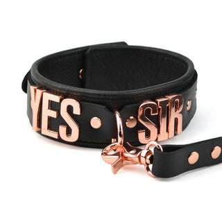 Custom Large Lettering Premium D-Ring Black Leather & Rose Gold Bondage Collar with Leash – 'Yes Sir'