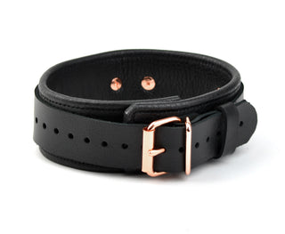 Custom Large Lettering Premium D-Ring Black Leather & Rose Gold Bondage Collar with Leash – 'Yes Sir'