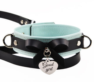 Premium BDSM Aqua Adore Blue Leather Bow Collar with Engraved Pendant