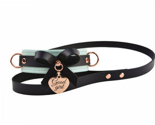 Premium Aqua Adore BDSM Leather Bow Collar With Custom Engraved Rose Gold Pendant and Leash