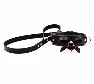 Premium BDSM Black Leather Bow Collar with Rose Gold Love Heart Padlock and Leash
