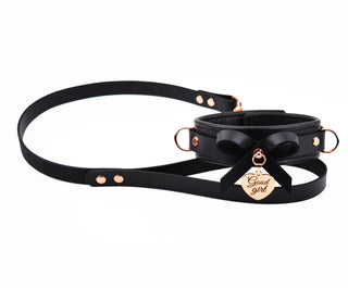 Premium BDSM Black Leather Bow Collar With Custom Engraved Rose Gold Pendant and Leash