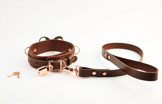 Premium Brown Leather Bow Collar & Leash with Custom Engraved Rose Gold Love Heart Pendant
