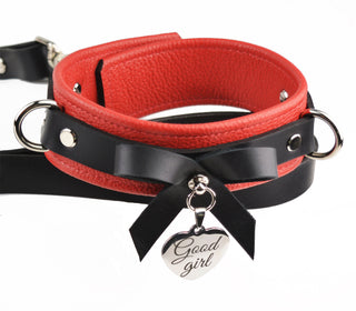 BDSM Red Leather Bow Collar With Custom Engraved Silver Pendant and Leash