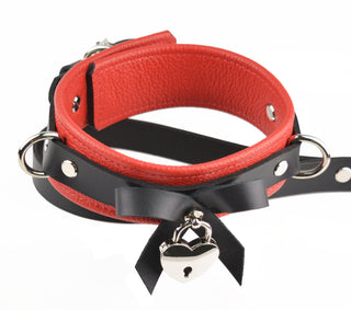Red Leather Bow Collar With Silver Love Heart Lock Pendant and Leash