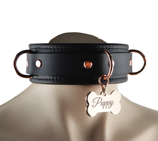 Premium BDSM Black Puppy Leather Collar with Custom Engraved Rose Gold Pendant