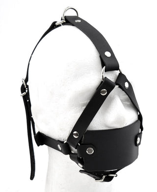 BDSM Leather Gear | Leather Flat Panel Gag Head Harness - Black