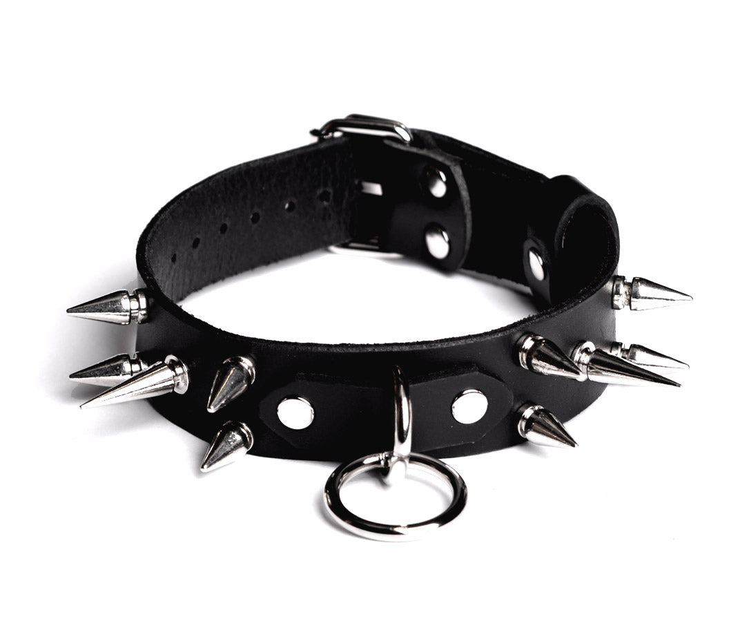 Deluxe heavily spiked black leather bondage collar bdsm heavy