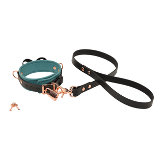 Premium Teal Green BDSM Leather Bow Collar With Custom Engraved Rose Gold Pendant and Leash