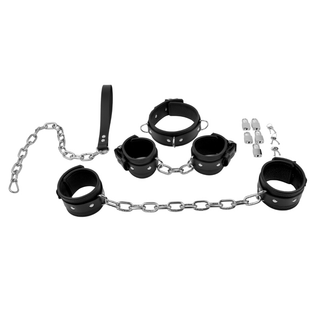 Black Leather & Steel Chains Premium Restraint Set - Wrist & Ankle Cuffs, Collar and Leash