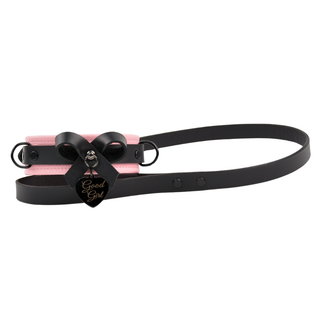 Premium Blush Pink Leather BDSM Bow Collar with Custom Engraved Black Pendant and Leash
