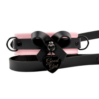 Premium Blush Pink Leather BDSM Bow Collar with Custom Engraved Black Pendant and Leash