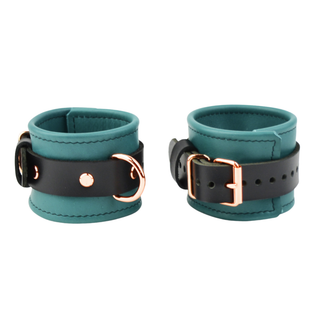 Premium Teal Green & Rose Gold BDSM Leather Restraint Set - Wrist & Ankle Cuffs and Collar