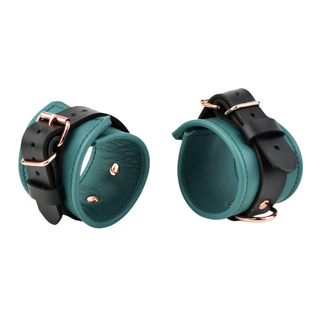 Premium Teal Green & Rose Gold BDSM Leather Restraint Set - Wrist & Ankle Cuffs and Collar