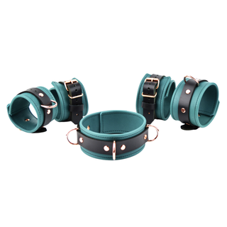 Premium Teal Green & Rose Gold BDSM Leather Restraint Set - Wrist & Ankle Cuffs and Collar