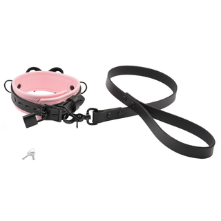 Premium Blush Pink Leather BDSM Bow Collar with Custom Engraved Black Pendant and Leash