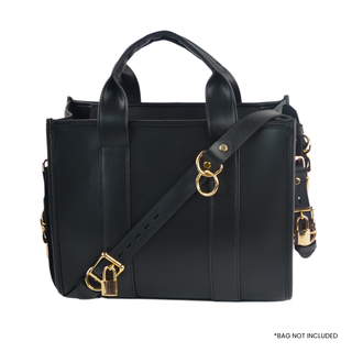 The V3RSE Strap - Convertible Handbag Strap to Collar, Cuffs & Connector Set - Black Leather with Gold Lockable Buckles & Square Padlocks
