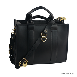 The V3RSE Strap - Convertible Handbag Strap to Collar, Cuffs & Connector Set - Black Leather with Gold Lockable Buckles & Love Heart Padlocks