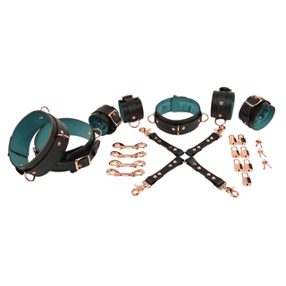Black and Teal Green Leather Padded Restraint Set - Collar, Wrist, Ankle and Thigh Cuffs, Connectors & Locks - Rose Gold Hardware