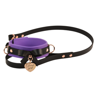 Premium Lilac BDSM Leather Bow Collar With Custom Engraved Rose Gold Pendant and Leash - LIMITED EDT!