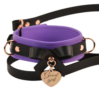 Premium Lilac BDSM Leather Bow Collar With Custom Engraved Rose Gold Pendant and Leash - LIMITED EDT!