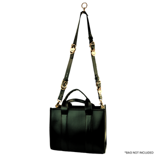 The V3RSE Strap - Convertible Handbag Strap to Collar, Cuffs & Connector Set - Black Leather with Gold Lockable Buckles & Love Heart Padlocks